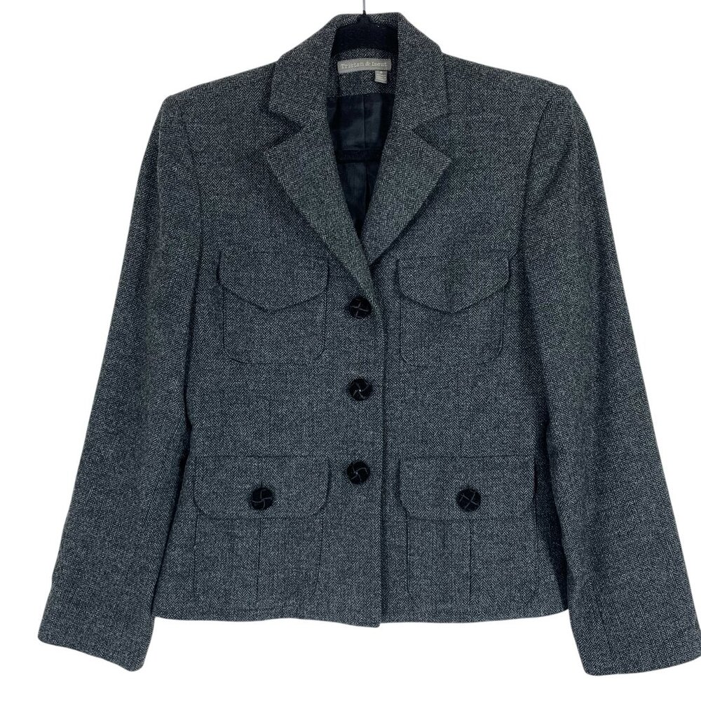Tristan & Iseut blazer jacket wool blend- rayon grey tweed size small
